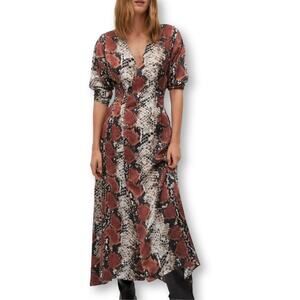NWT Mango Snake Print Long Sleeve V Neck Button Front Maxi Shirt Dress